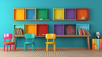 A children's playroom with colorful empty frames, ready for young artists.