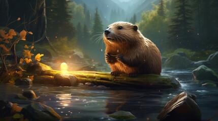 a beaver constructing a dam in a crystal-clear forest stream - obrazy, fototapety, plakaty