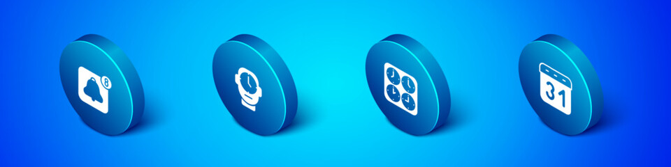 Set Isometric Alarm clock app mobile, Time zone clocks, Calendar and Clock icon. Vector