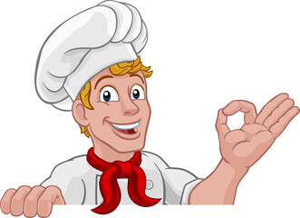 Chef Cook Baker Man Cartoon Peeking Over Sign