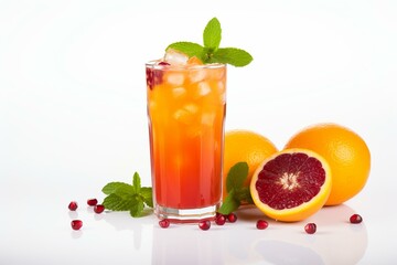 Refreshing tropical beverage made with orange, mint, and pomegranate, presented on a white background. Generative AI