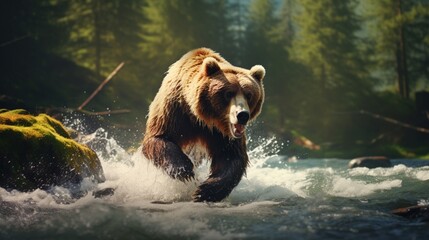 a digital artwork of a majestic grizzly bear fishing for salmon in a rushing forest river - obrazy, fototapety, plakaty
