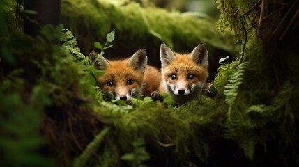 A family of red foxes playing a game of hide and seek among the ferns