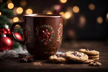 Poster a cup of hot chocolate/coffee  and christmas cookies, chrismas mug, christmas tree and christmas decoration background © Johan Wahyudi