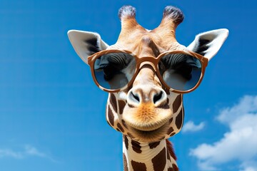 close up giraffe wearing glasses against an blue sky