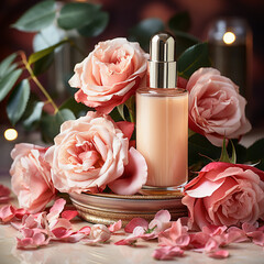 Roses cosmetic product: serum or moisturizing emulsion in glass bottle staning on table with roses flowers and petals