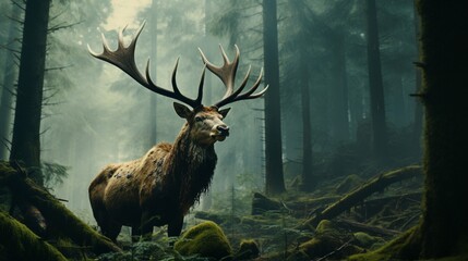 a majestic elk with impressive antlers grazing in a serene forest glen - obrazy, fototapety, plakaty