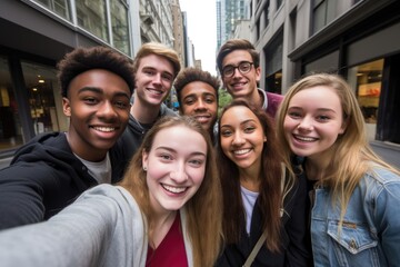 Group of Multi-ethnics college students friends at the downtown street. Photography of friendship in urban street in town background.