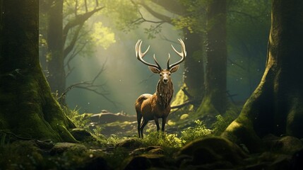 a majestic stag with impressive antlers standing proudly in a serene forest
