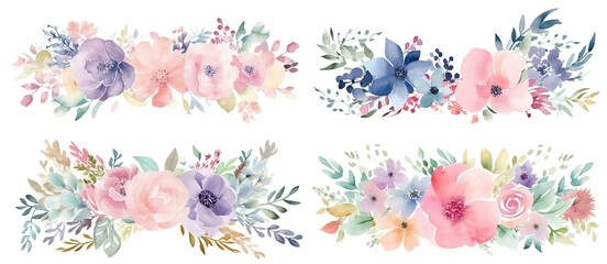 Fototapeta na wymiar Set of watercolor pastel flower decorative patterns, cut out