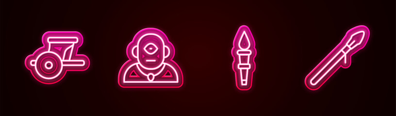 Obraz premium Set line Ancient chariot, Cyclops, Torch flame and Medieval spear. Glowing neon icon. Vector