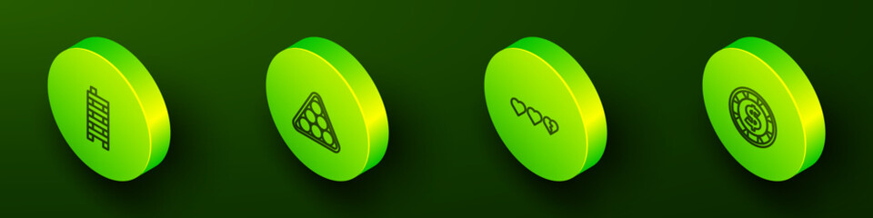 Set Isometric line Mahjong pieces, Billiard balls in triangle, Hearts for game and Casino chip with dollar icon. Vector