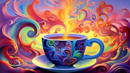 Vivid Vessel: Teacup brimming with steam with colors , depicting a mind overflowing with vibrant ideas