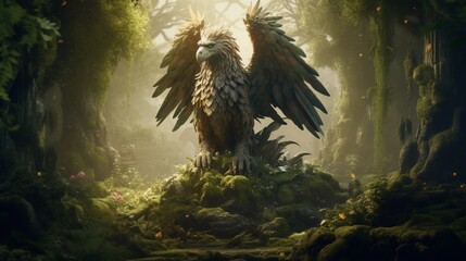 a mystical forest with a mythical creature resembling a griffon hidden among the trees