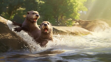 a pair of playful river otters chasing each other through a sun-dappled stream
