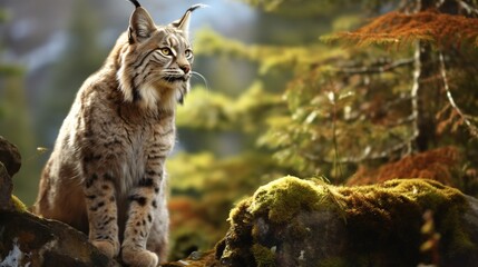 Obraz premium a regal bobcat perched on a rocky outcrop in a remote woodland
