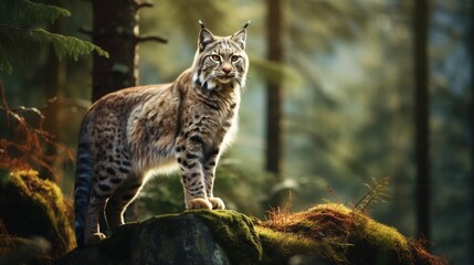 Naklejka premium a regal bobcat perched on a rocky outcrop in a remote woodland