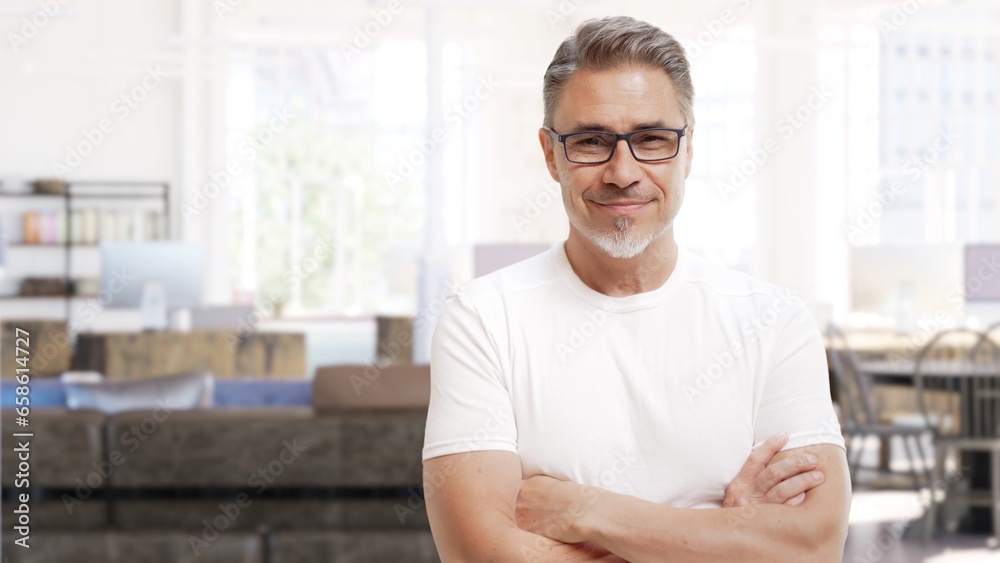 Wall mural portrait of happy, confident older man at home looking at camera smiling. mature age, middle age, mi