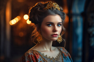 Beautiful girl wearing a baroque dress inside a baroque castle (generative AI) - obrazy, fototapety, plakaty