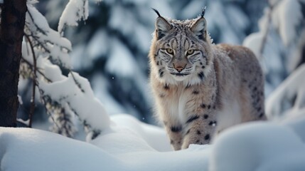 Obraz premium a stealthy lynx hunting in a snow-covered forest
