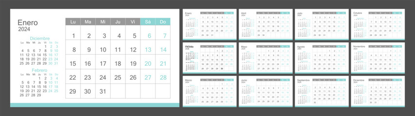 Calendar 2024 in Spanish, week starts on Monday, corporate design template vector.