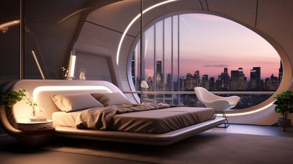 Obraz premium A futuristic bedroom with a blank frame that integrates with the smart home.