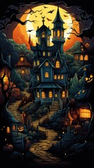 Fototapeta na wymiar halloween horror house and scary pumpkin background cartoon illustration