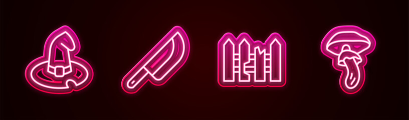Set line Witch hat, Knife, Garden fence wooden and Psilocybin mushroom. Glowing neon icon. Vector