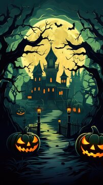 halloween horror house and scary pumpkin background cartoon illustration