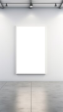 A high-quality wall frame mockup showcasing an empty frame in a contemporary art gallery with pristine white walls and spotlights.