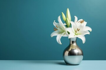 elegant vase with lily flower on blue background and copy space. Generative AI