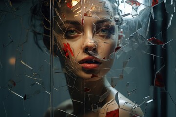 A woman in a red dress is seen looking through a broken glass window. This image can be used to depict curiosity, mystery, or a sense of longing.
