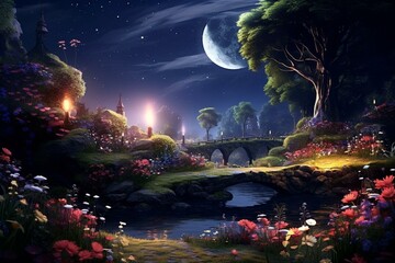 A tranquil night scene with a crescent moon, twinkling stars, and blooming flowers. Generative AI