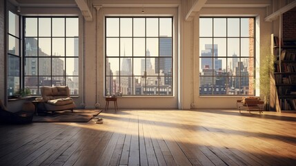 A loft apartment with an empty frame against a floor-to-ceiling window.
