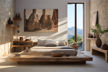Scandinavian Bedroom. A serene bedroom setting with a low platform bed, white walls, and a few carefully chosen decor items, creating a tranquil and minimalist sleeping space