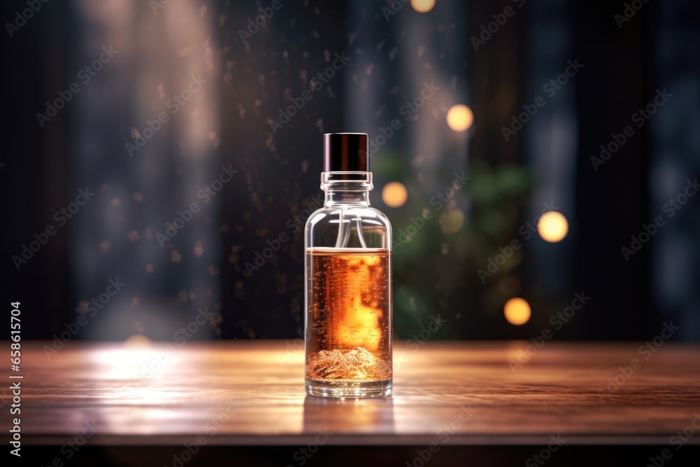 Aufkleber a bottle of liquid is sitting on top of a wooden table. this versatile image can be used for various