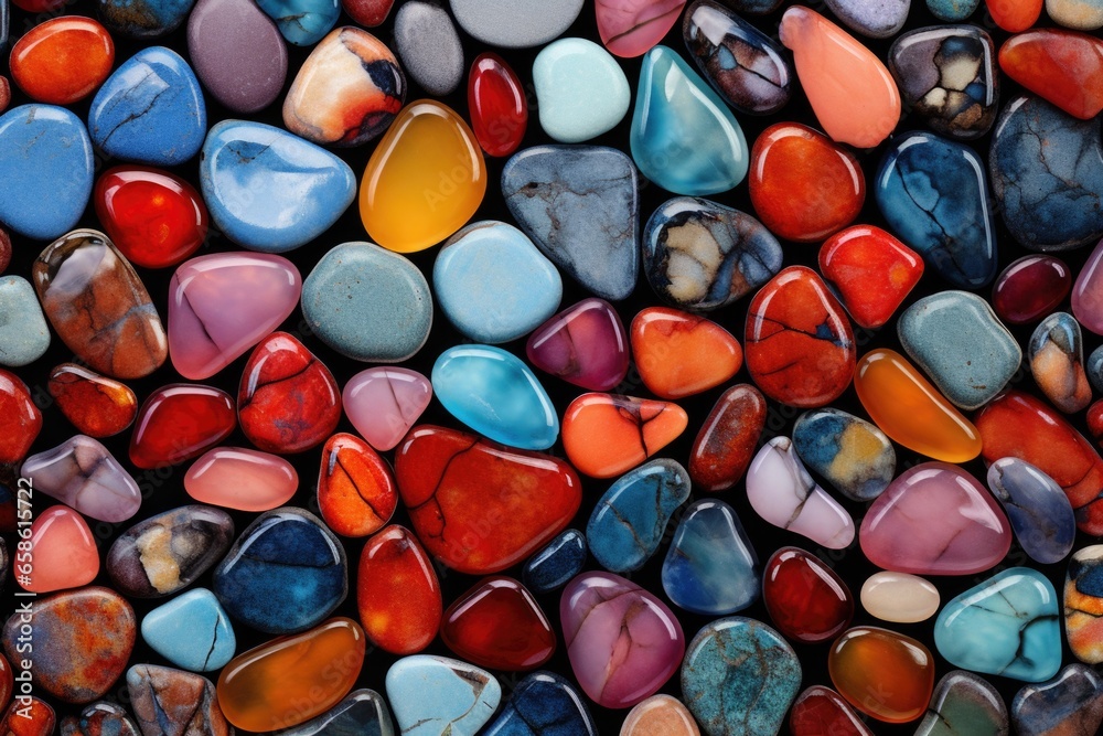 Poster A close-up photograph showcasing a variety of different colored rocks. This image can be used to add a vibrant and natural touch to various projects.