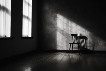 A chair sitting in front of a window in a dark room. This image can be used to depict solitude, contemplation, or waiting in a dimly lit space.