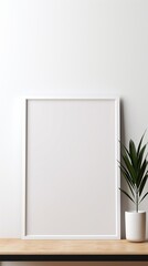 A minimalist empty frame mockup on a plain white wall, creating a clean and sophisticated look.