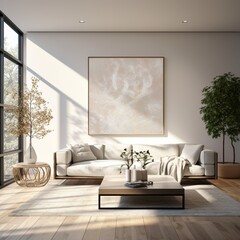 A modern living room with a sleek empty frame on the wall, softly lit by natural sunlight. - Image #2 @Abdul Qadeer