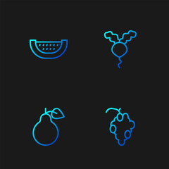 Set line Grape fruit, Pear, Watermelon and Radish. Gradient color icons. Vector