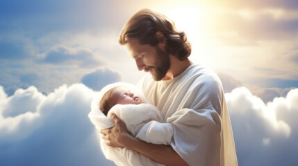 Jesus holding the baby new born in the sky  - obrazy, fototapety, plakaty