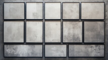 A set of identical frames arranged in a grid pattern on a concrete wall, symbolizing precision and order in design.