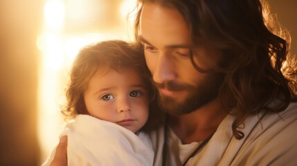 A man as Jesus holding the baby girl  - obrazy, fototapety, plakaty