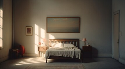 A sunlit bedroom with a blank wall frame above the bed, casting soft shadows.