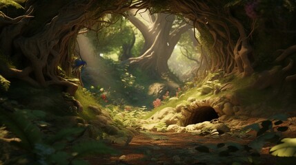 Serene woodland scene with a hidden bird nest in a tree hole - obrazy, fototapety, plakaty