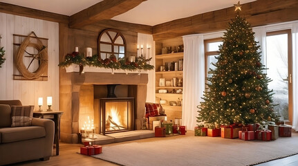 Cozy Christmas interior of a wooden house. Fireplace and armchair with plaid, decorated fir tree.