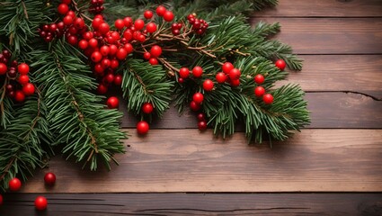 Christmas Holiday Evergreen Pine Branches and Red Berries Over Wood Background