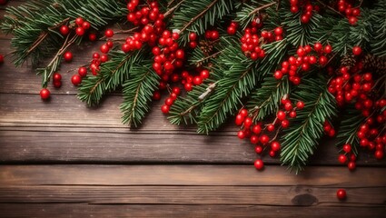 Fototapeta na wymiar Christmas Holiday Evergreen Pine Branches and Red Berries Over Wood Background