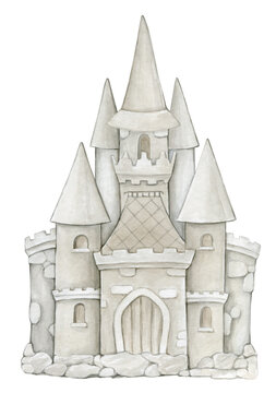 A fairy-tale castle, gray in color. Watercolor illustration in cartoon style, on an isolated background.